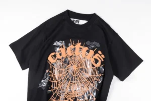Repsgoat graphic t-shirt black cotton with orange spider web and artistic print design