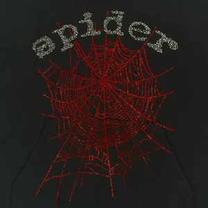 Sder Black and Red OG Hot Diamond Bead Mesh Hoodie featuring a sparkling spider web design with rhinestones and the brand name "SP5DER" in a stylish font.