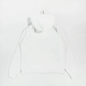 White Sder OG Hot Diamond Bead Mesh Hoodie displayed on a hanger, showcasing the back view and hood design.
