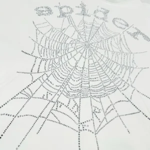 Sder White OG Hot Diamond Bead Mesh Hoodie featuring a sparkling spider web design with rhinestones.