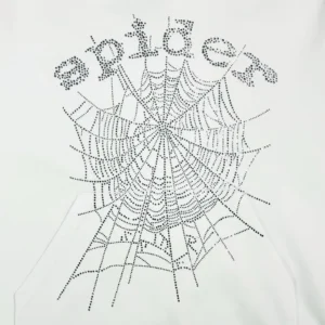 Sder White OG Hot Diamond Bead Mesh Hoodie featuring a diamond-studded spider web design and the word "spider" in decorative lettering.