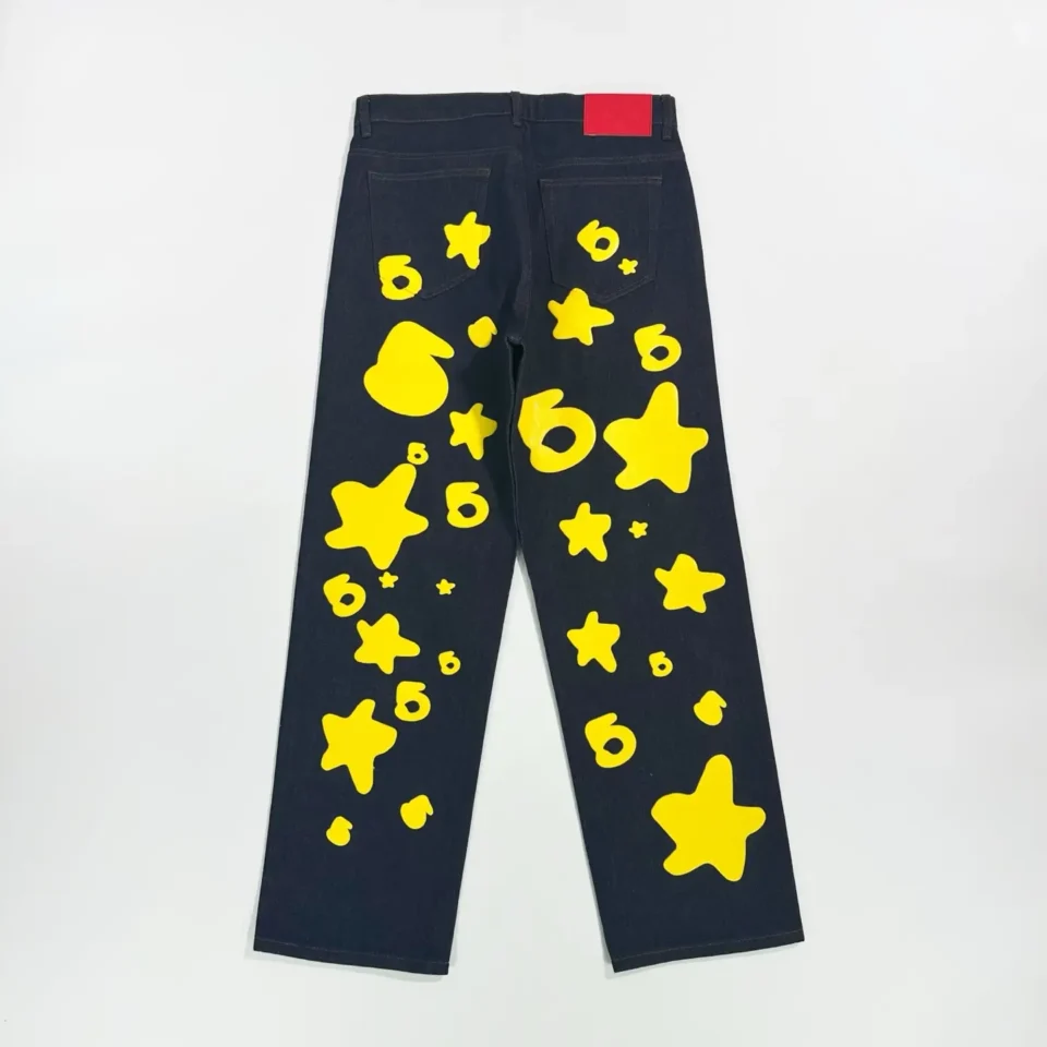BAPE denim jeans star print navy blue cotton casual pants with yellow graphic accents