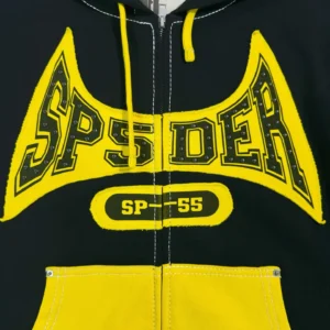 Sp5der TF Black and Yellow Riveted Zipper Shirt 08 featuring bold "SP5DER" logo and "SP-55" text, showcasing high-quality fabric and design details.