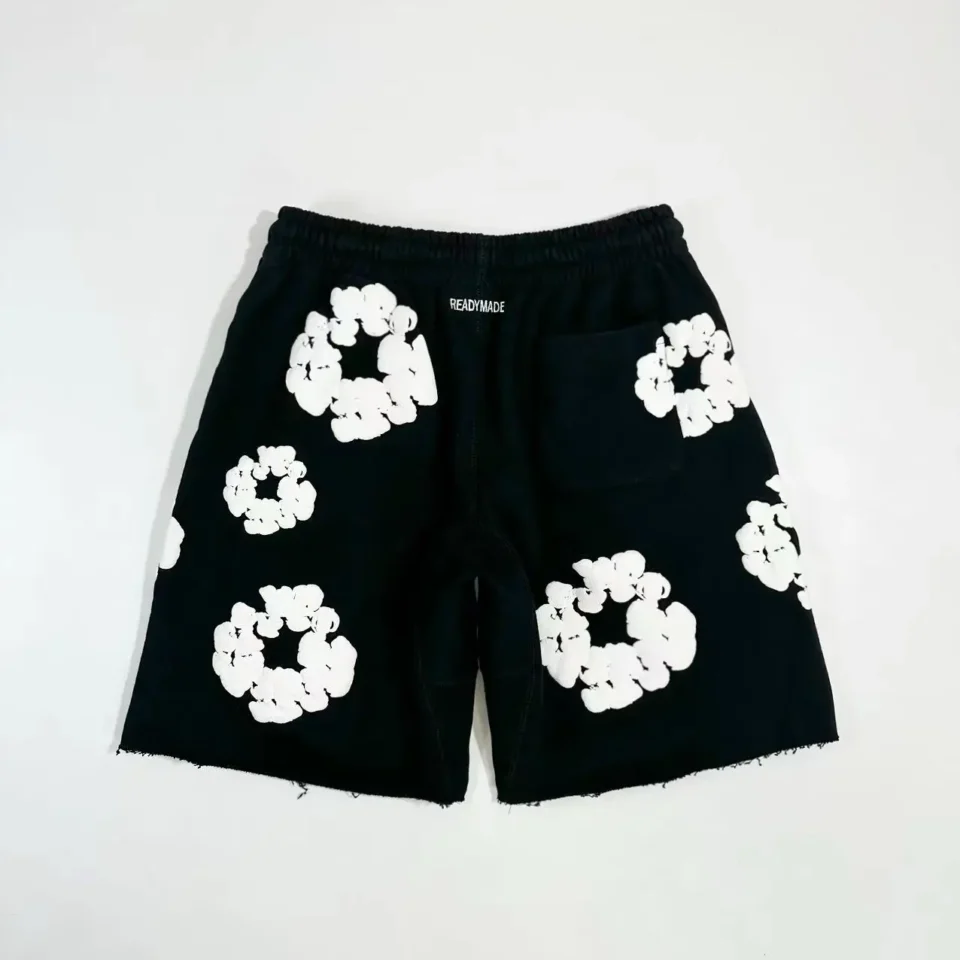 READMADE shorts black cotton with white floral print and elastic waistband casual wear