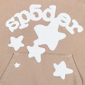 Sder Camel Beluga Hoodie 05 featuring white star-shaped graphics and "sp5der" text on a beige background, highlighting trendy streetwear design elements.