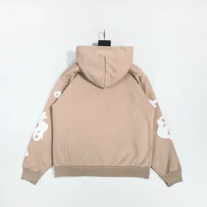 Sder Camel Beluga Hoodie 05 in beige with white graphic designs on sleeves, showcasing the back view and highlighting its trendy streetwear style.