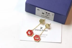 Swarovski earrings red crystal flower gold-tone metal dangling accessories with secure backings