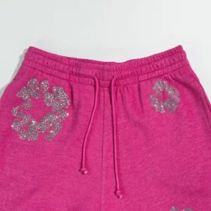 Repsgoat sweatpants pink fleece with silver rhinestone floral embellishments and elastic drawstring waistband