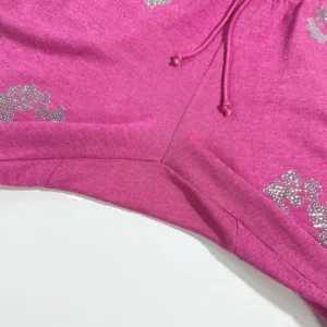 No brand visible pink hoodie cotton sweatshirt with drawstrings and silver rhinestone embellishments