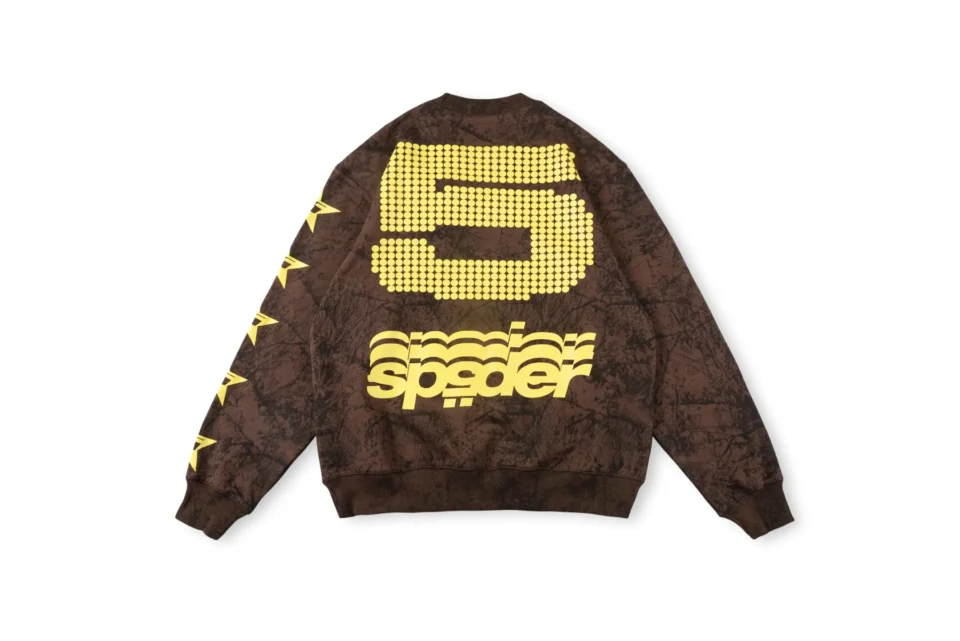 Spider crewneck sweatshirt brown tie-dye cotton with yellow number 5 and star graphics on sleeves