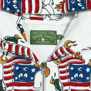 Denim Tears hoodie white cotton fabric with patriotic cartoon flame and flag print and zipper closure