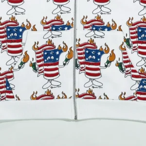Dukem Toms hoodie white cotton with red white and blue cartoon flag print and front zipper pockets