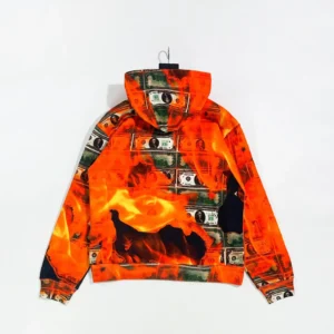 Denim Tears Burning Dollar Hoodie featuring a vibrant design with dollar bills and flames, showcasing its unique style and quality fabric.