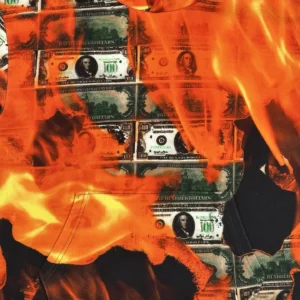 Denim Tears Burning Dollar Hoodie design featuring burning dollar bills in vibrant orange flames, emphasizing unique graphic elements and artistic expression.