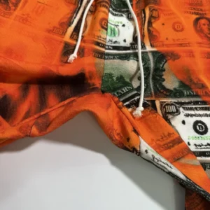 RepsGoat Money Print hoodie orange cotton fabric with dollar bill graphic and white drawstrings