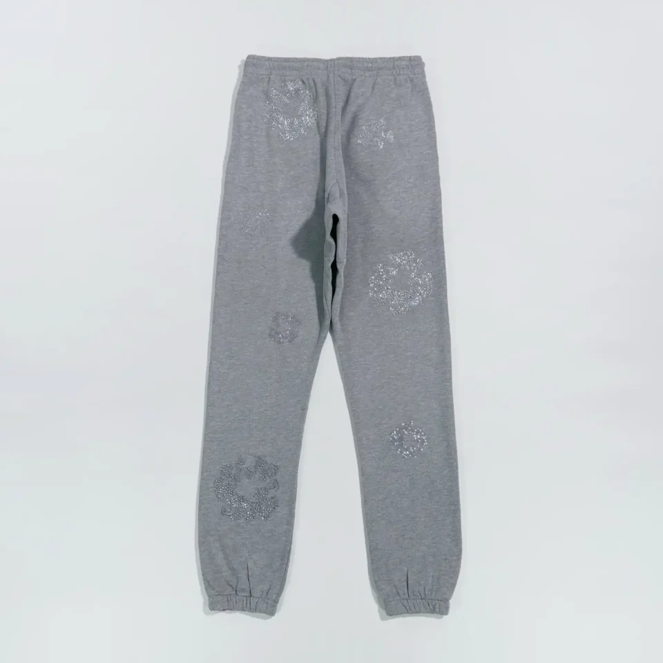 Chanel sweatpants grey cotton blend with signature rhinestone logo embellishments and elastic cuffs