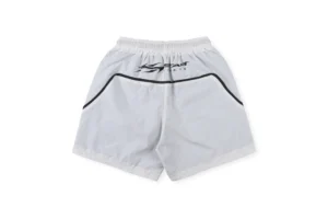 Casual sports shorts from Hellstar Studios, featuring a light gray color, black trim, and logo, designed for comfort and active wear.