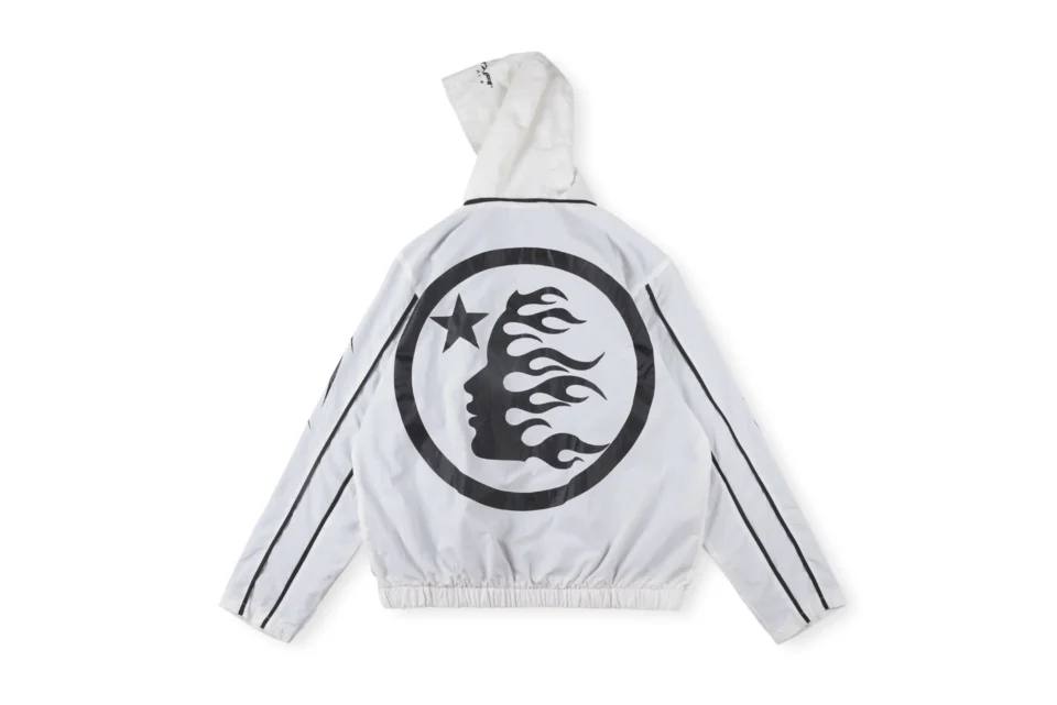 Replicant Windbreaker jacket white with black flame face circle logo lightweight material hooded bomber