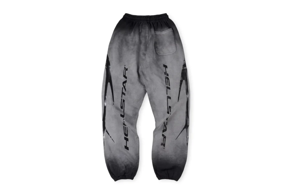 Hellstar sweatpants gradient grey black cotton fleece with logo prints elastic waist and cuffs