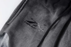 Hellstar hoodie charcoal gray cotton blend fabric with black logo print and drawstring hood