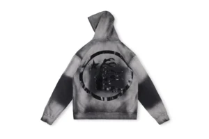 Hellstar Studios G hoodie featuring a unique black and gray tie-dye design with a prominent circular graphic on the back.