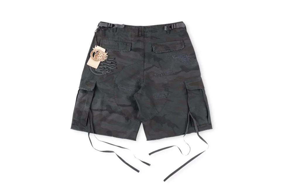 Neighborhood Cargo Shorts black camo cotton with back flame embroidery and strap details