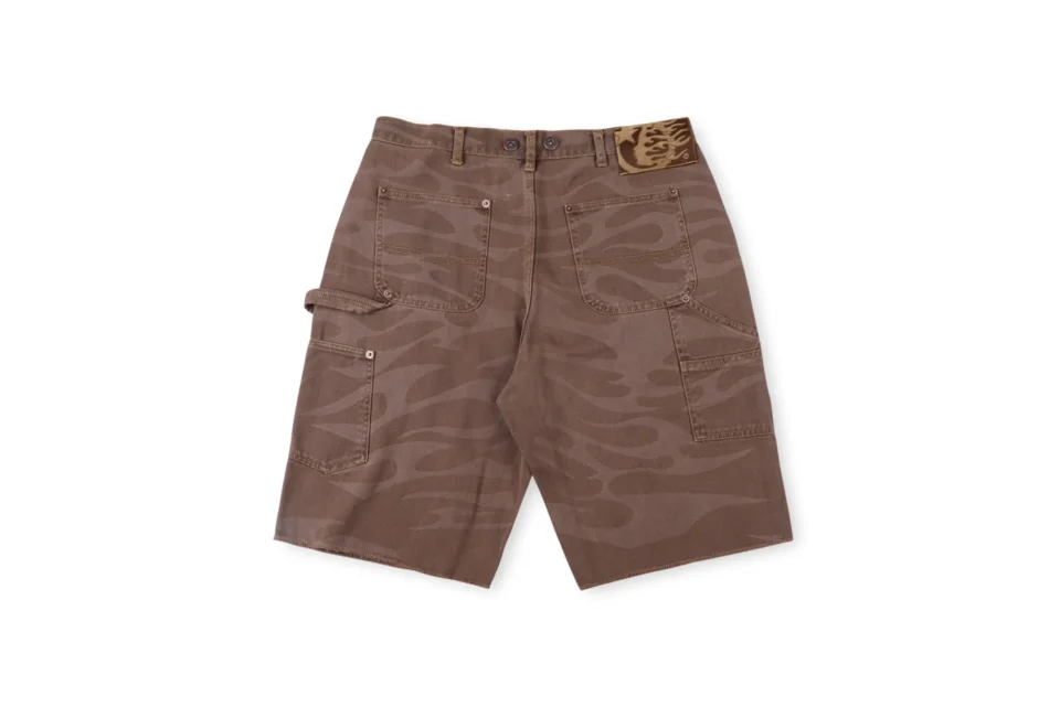 No brand visible brown camo cargo shorts with multiple pockets and a leather flame patch