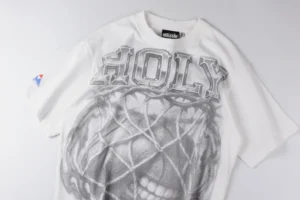 Hellstar t-shirt white cotton graphic print of skull with crown of thorns and HOLY text