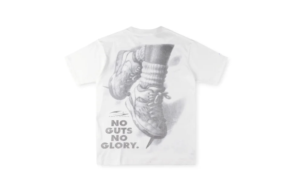 No brand visible white graphic t-shirt with shoe print and "No Guts No Glory" text on back cotton material