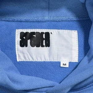 Spencer hoodie medium size blue fleece material with white stitched label and black bold logo text