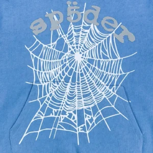 Spread California hoodie blue cotton spiderweb graphic print kangaroo pocket sweatshirt