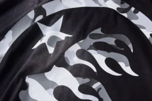 Bape Shark Hoodie black grey white camo design 100% cotton fabric close-up detail