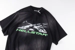 Hellstar graphic logo t-shirt black color with green and gray camo print made from cotton material