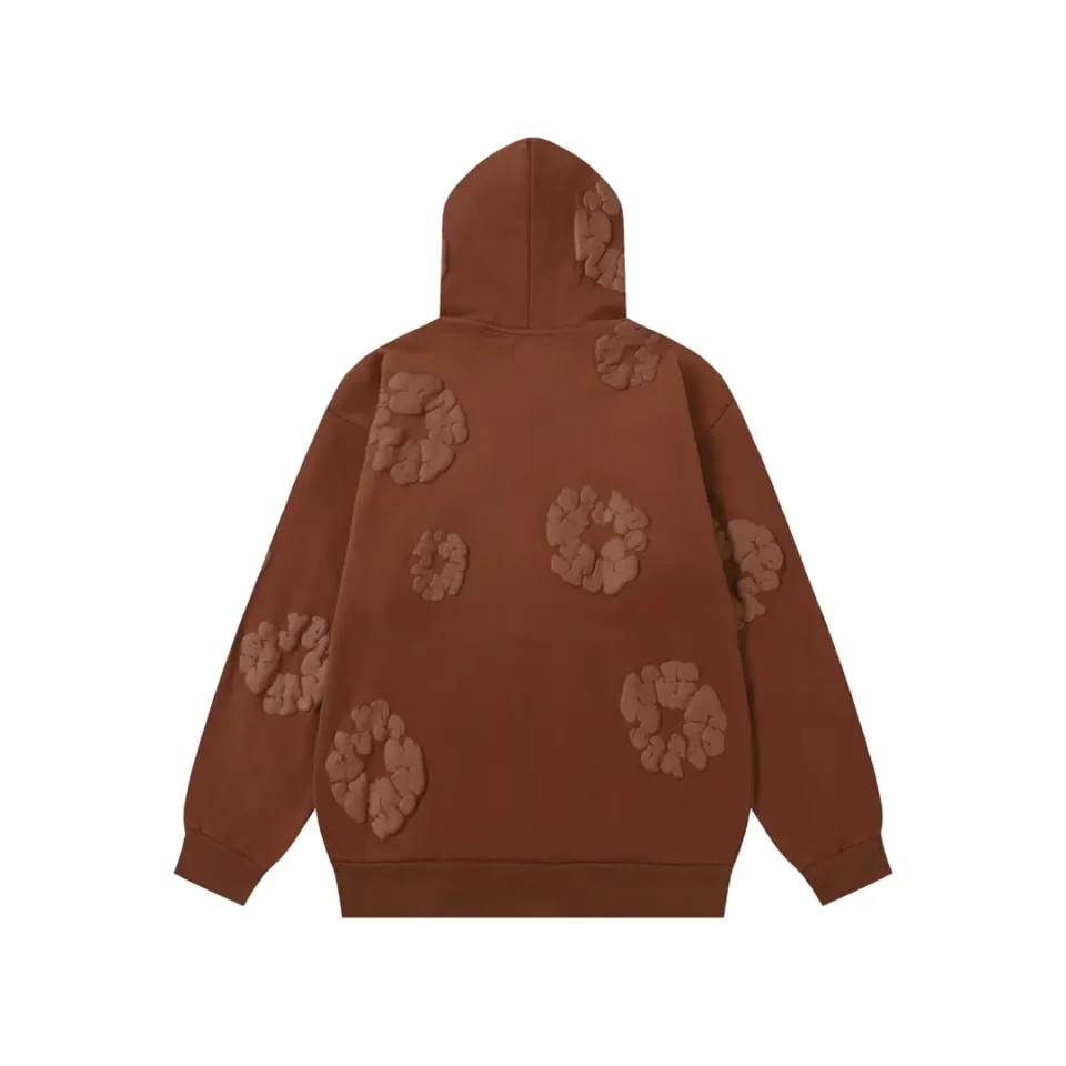 Unknown brand brown hoodie with embossed circular pattern cotton fabric back view