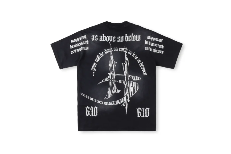 Fear of God Essentials Graphic T-shirt black cotton with white gothic-style text and logo print on back