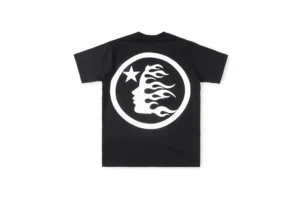 Black short-sleeve T-shirt featuring a white NS logo design with a stylized face and flames, representing Hellstar Studios.