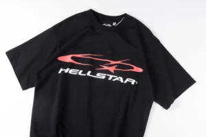 Black T-shirt featuring the Hellstar logo in red, designed for men and women, made of pure cotton, showcased for sale on RepsGoat.
