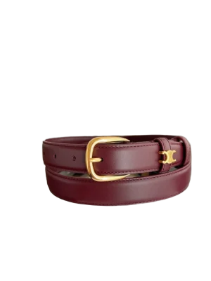 Celine Vivienne Taurillon 25mm leather belt in burgundy with gold buckle, featured accessory for purchase on RepsGoat.