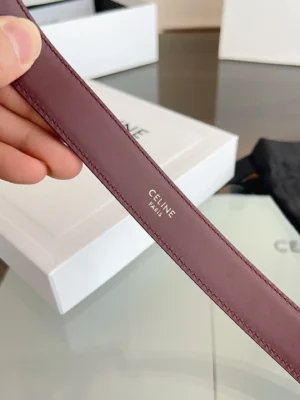 Celine belt burgundy leather with gold CELINE PARIS logo embossed accessory strap