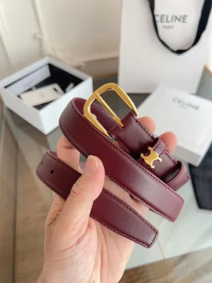 Celine leather belt burgundy gold-tone metal buckle and logo detail accessory