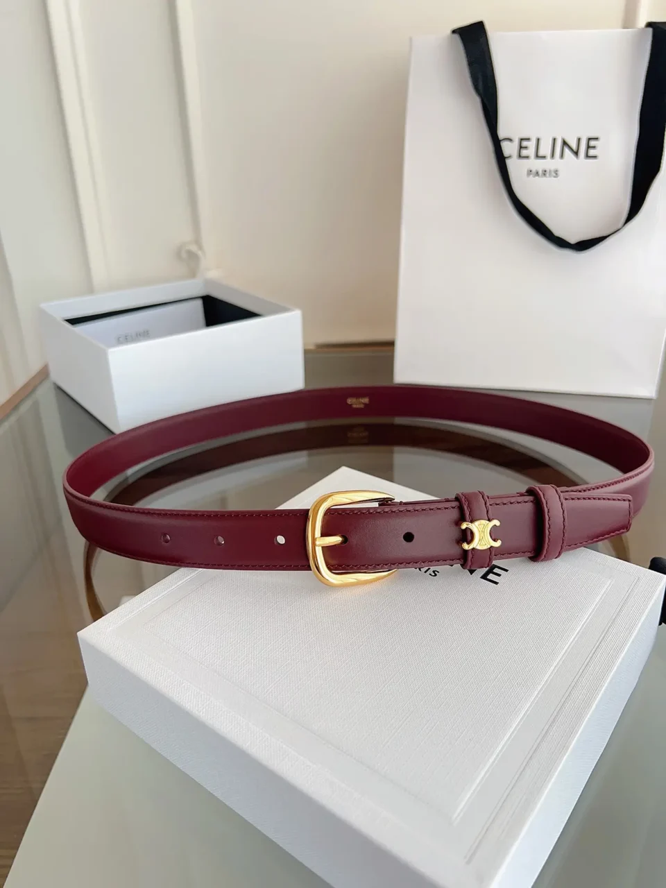 Celine leather belt burgundy gold buckle smooth calfskin leather accessory