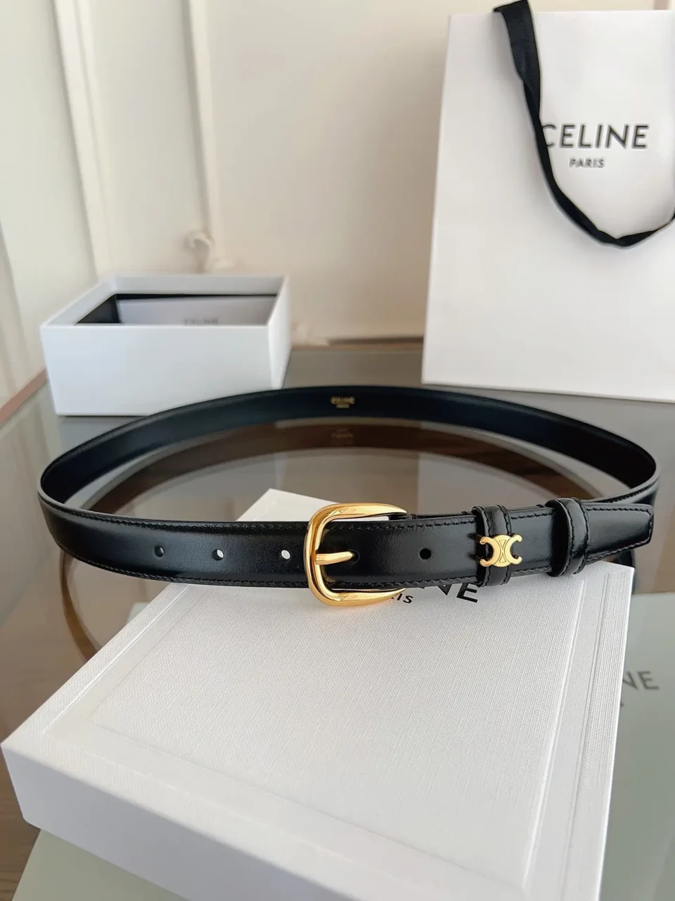 Celine leather belt black gold-tone buckle small double C logo accessory