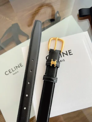 Celine leather belt black gold-tone buckle smooth leather accessory detail on box background