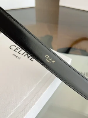 Celine belt black smooth leather with gold embossed CELINE Paris logo accessory