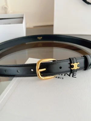Celine leather belt black calfskin gold-tone buckle and logo loop accessory
