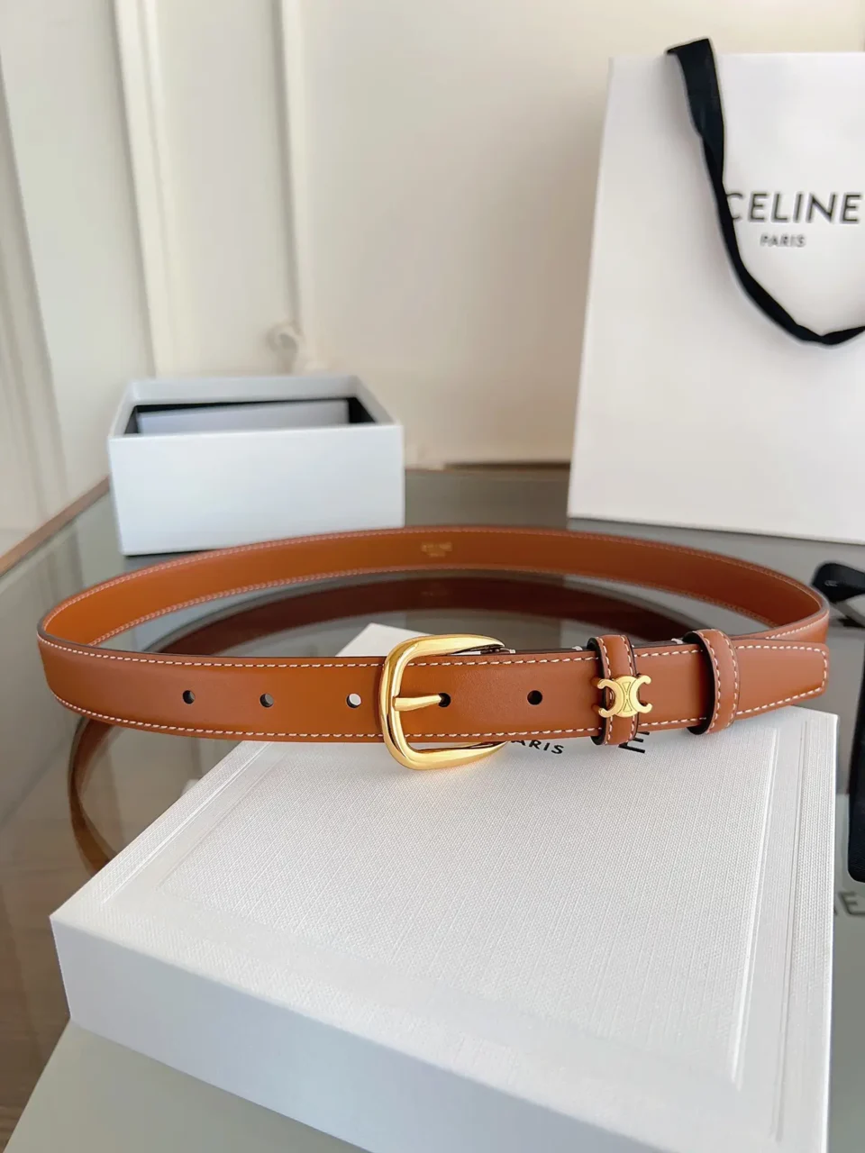 Celine leather belt tan brown gold-tone buckle smooth leather accessory