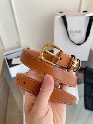 Celine leather belt tan gold-tone buckle smooth leather with white stitching