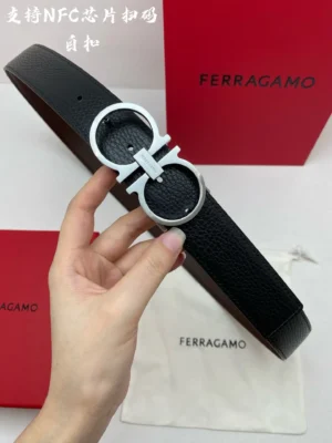 Ferragamo belt black textured leather with silver double G buckle accessory