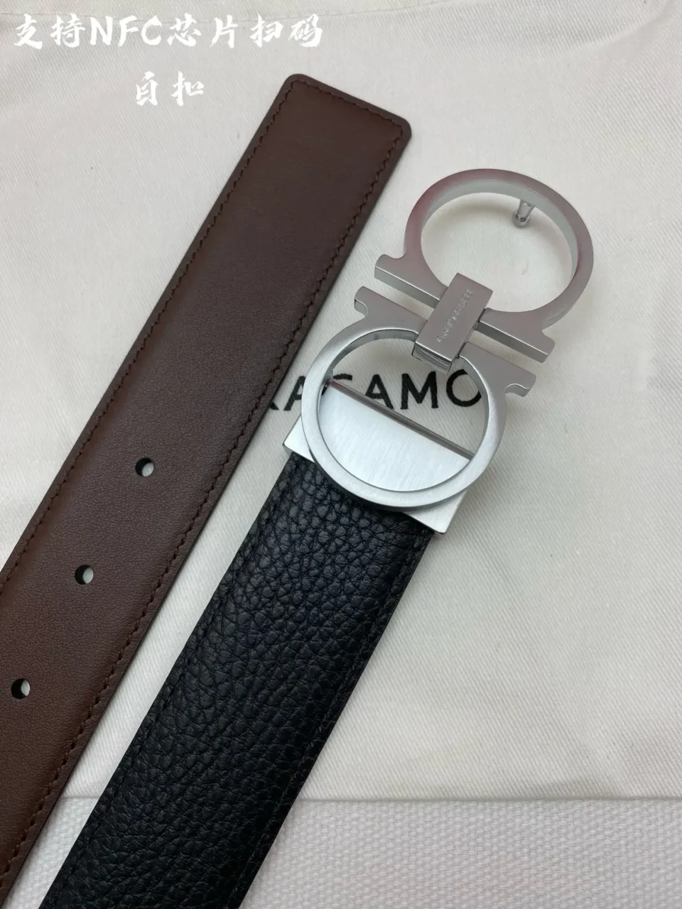 Salvatore Ferragamo reversible belt black and brown leather matte silver double Gancini buckle accessory