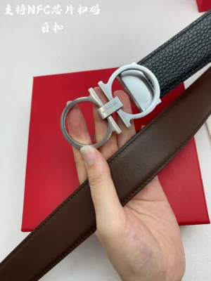 Ferragamo reversible leather belt black brown silver double Gancio buckle with NFC chip support